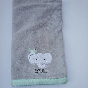 Just Born Explore Elephant Baby Blanket Grey Bird Mint Satin Edge Trim